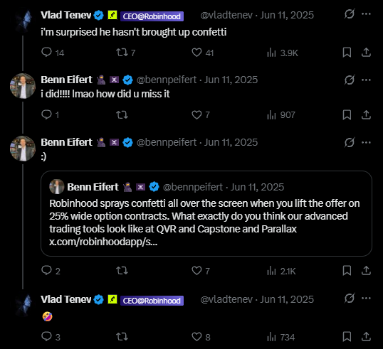 X thread where Robinhood CEO Vlad Tenev jokes about confetti